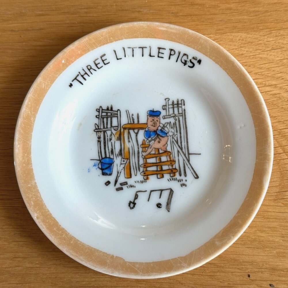 Three Little Pigs Decorative Lusterware Plate, Stick House, Japan Circa 1960s